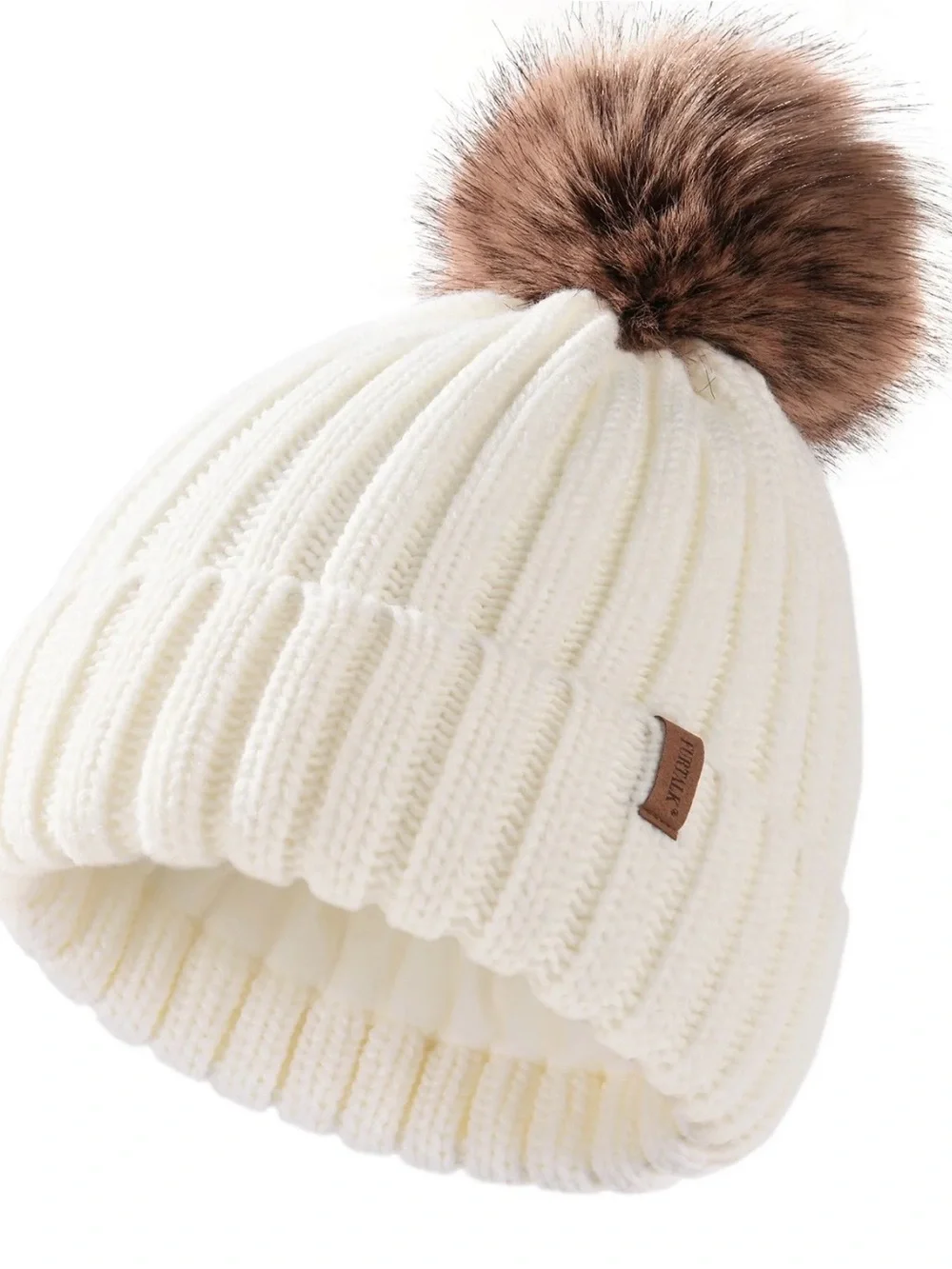 Chunky Cream Knit Beanie with Faux Fur Pom